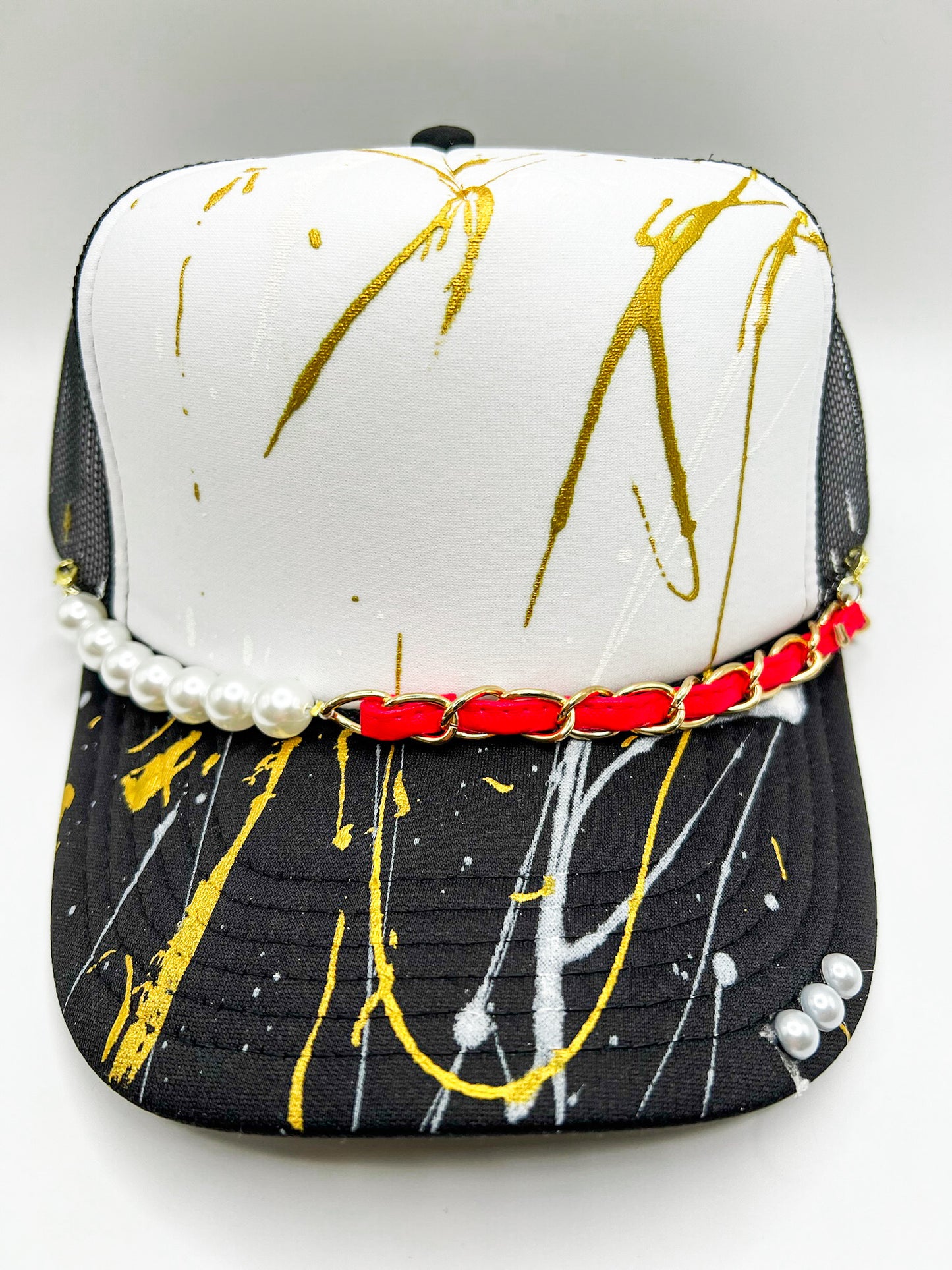 Red Leather and Pearls Hat Chain