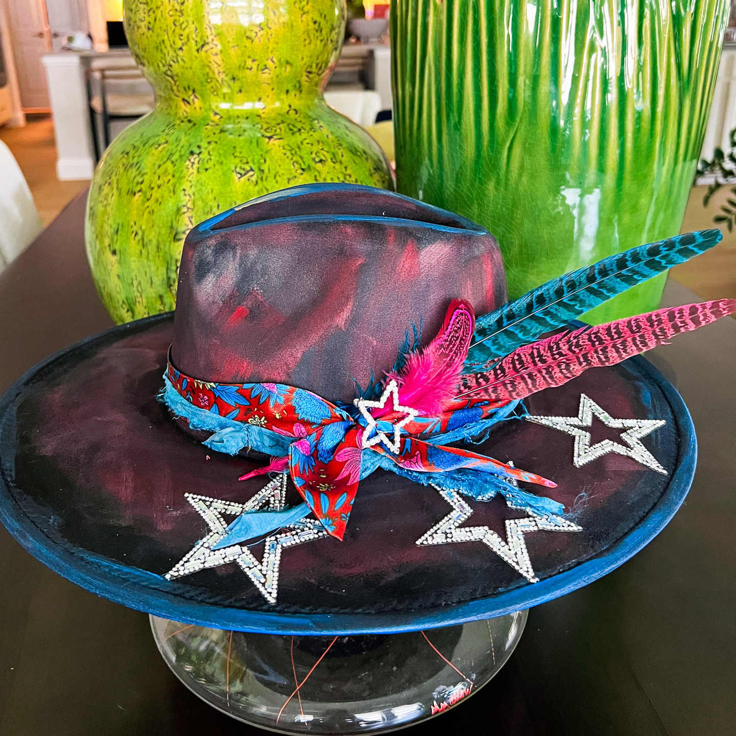 Blue and Pink Suede Stars Wide Brim