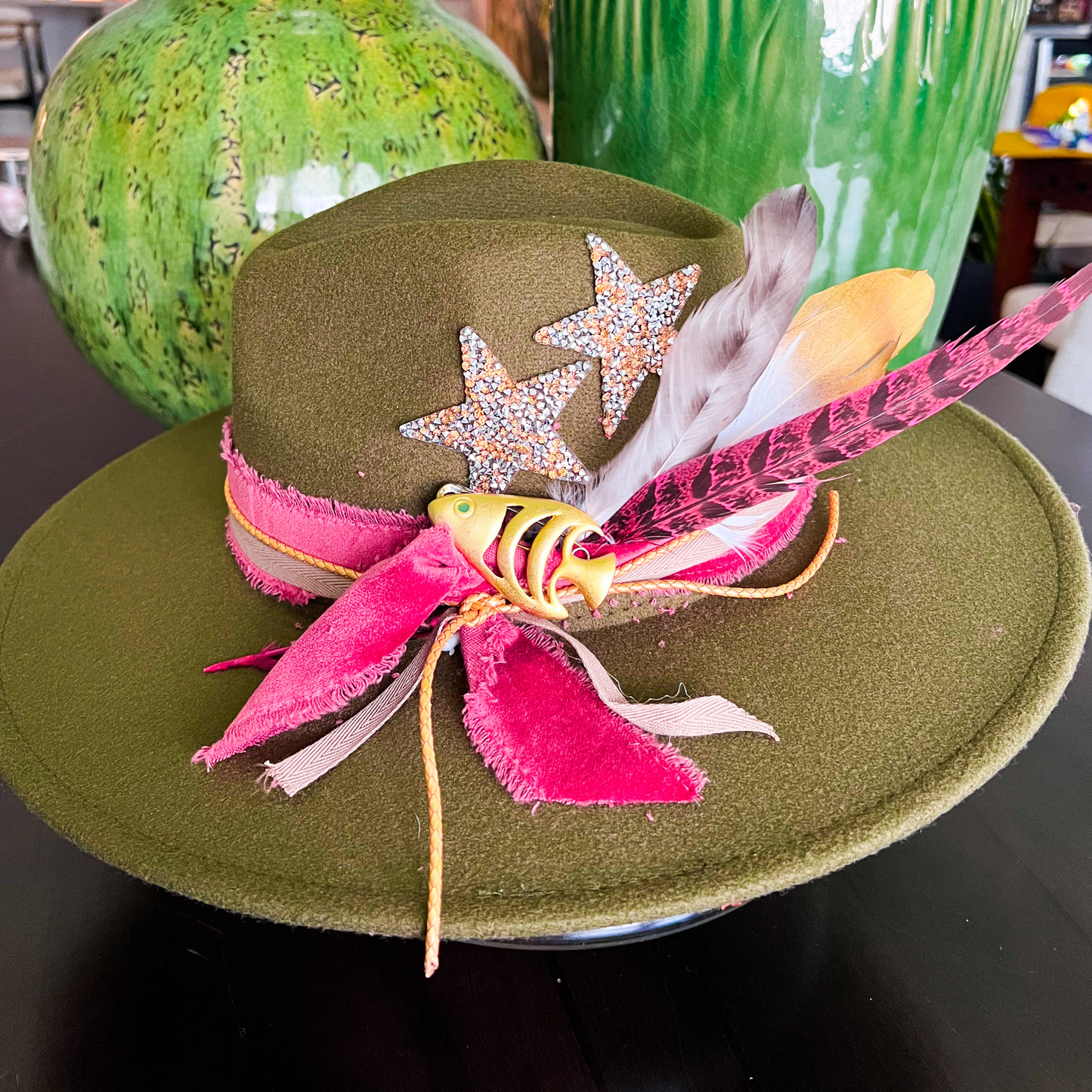 Olive Green and Pink Stars Wide Brim