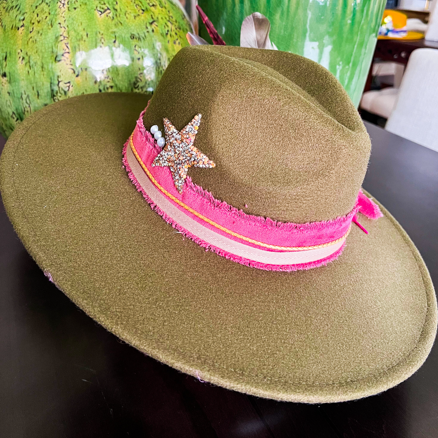 Olive Green and Pink Stars Wide Brim