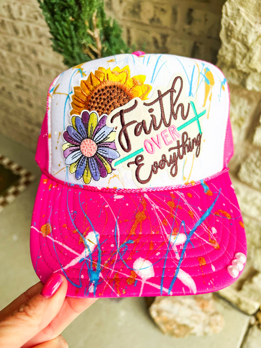 Faith Over Everything Trucker- Pink/White